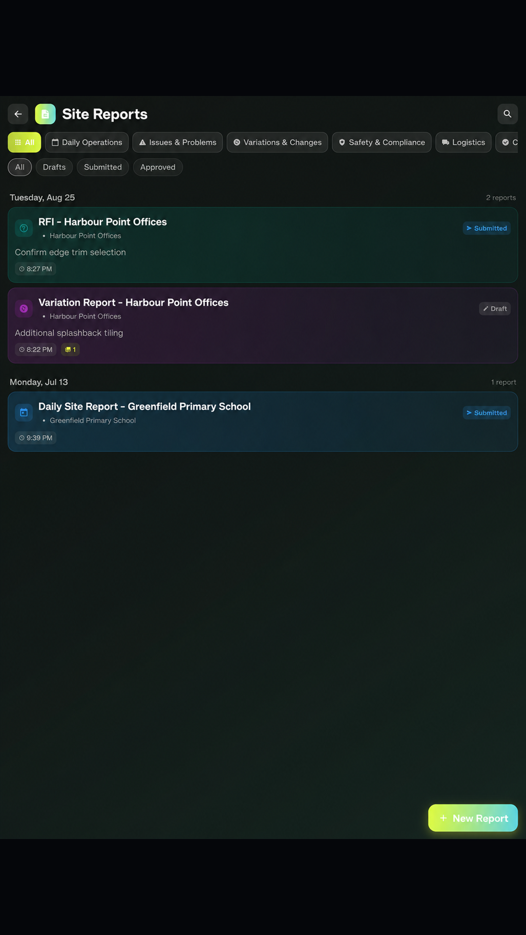 SCSK site reports workspace in the current interface